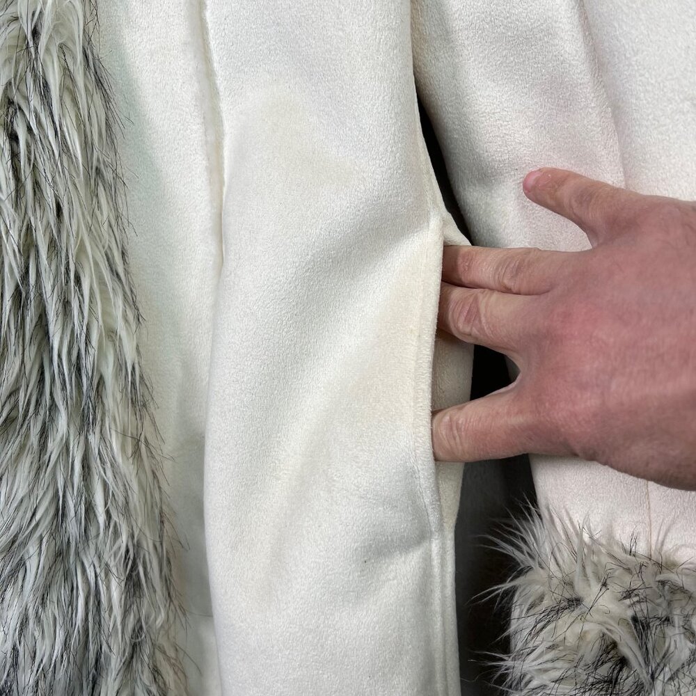 Y2K Bebe Ivory Faux Suede M Fur Trim Hooded Long Penny Lane Style Coat 2000s - Picture 7 of 16